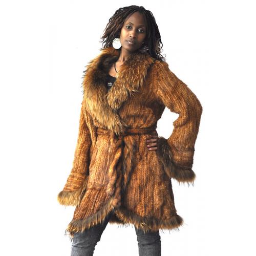 Winter Fur Ladies Whisky Genuine Knitted Mink 3/4 Coat With Raccoon Trimmings W09KQ01